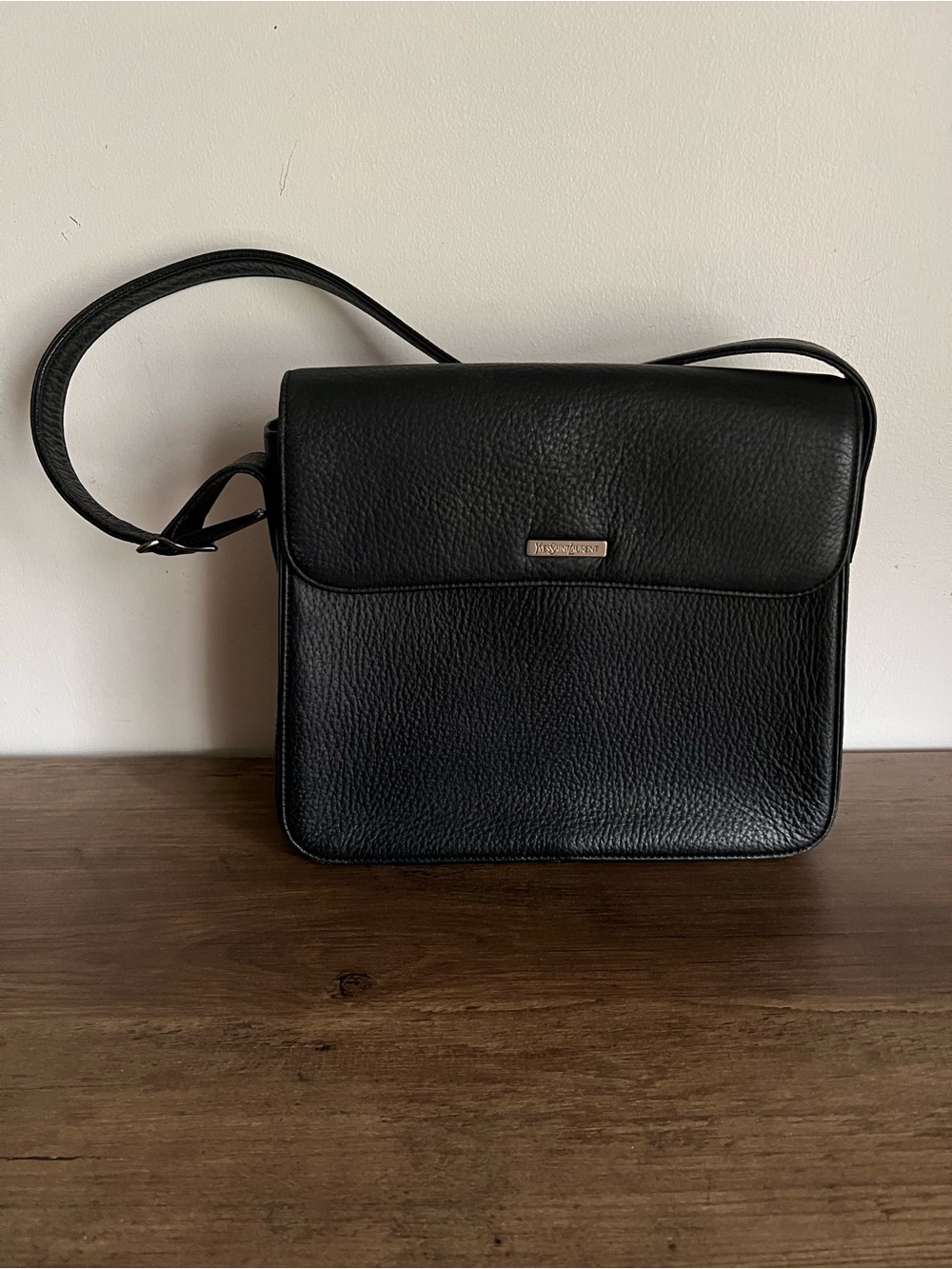 Yves Saint Laurent Black Pebbled Leather Shoulder Bag with Logo Plaque